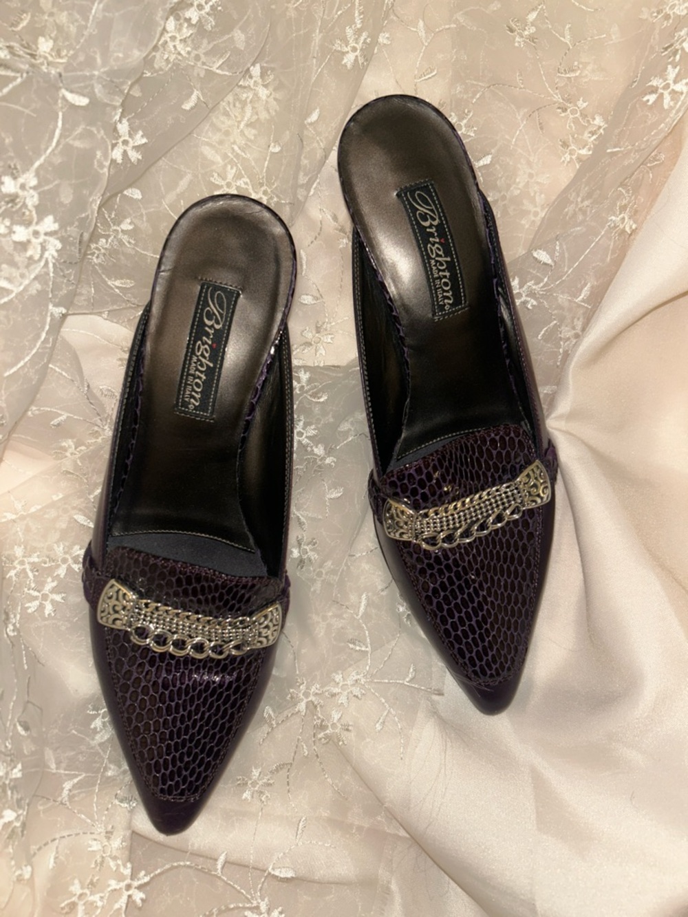 Brighton Pointed Purple Mule with Chain Detail